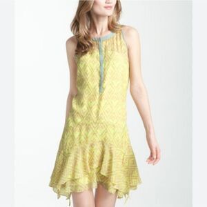 NWT Rebecca Taylor Henle Print Silk Chiffon Flutter Hem Dress 0 Citron Yellow